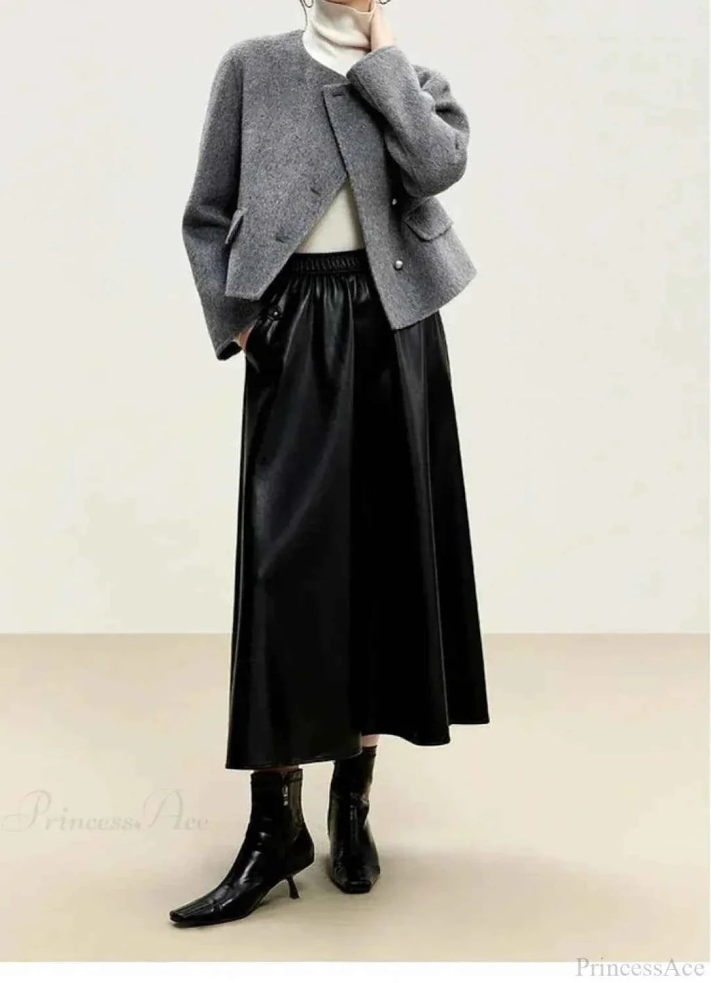 Brushed Short Coat with Round Neck and Button Front