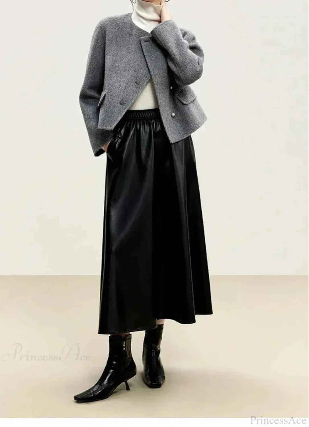 Brushed Short Coat with Round Neck and Button Front