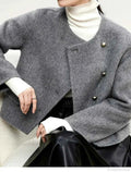 Brushed Short Coat with Round Neck and Button Front
