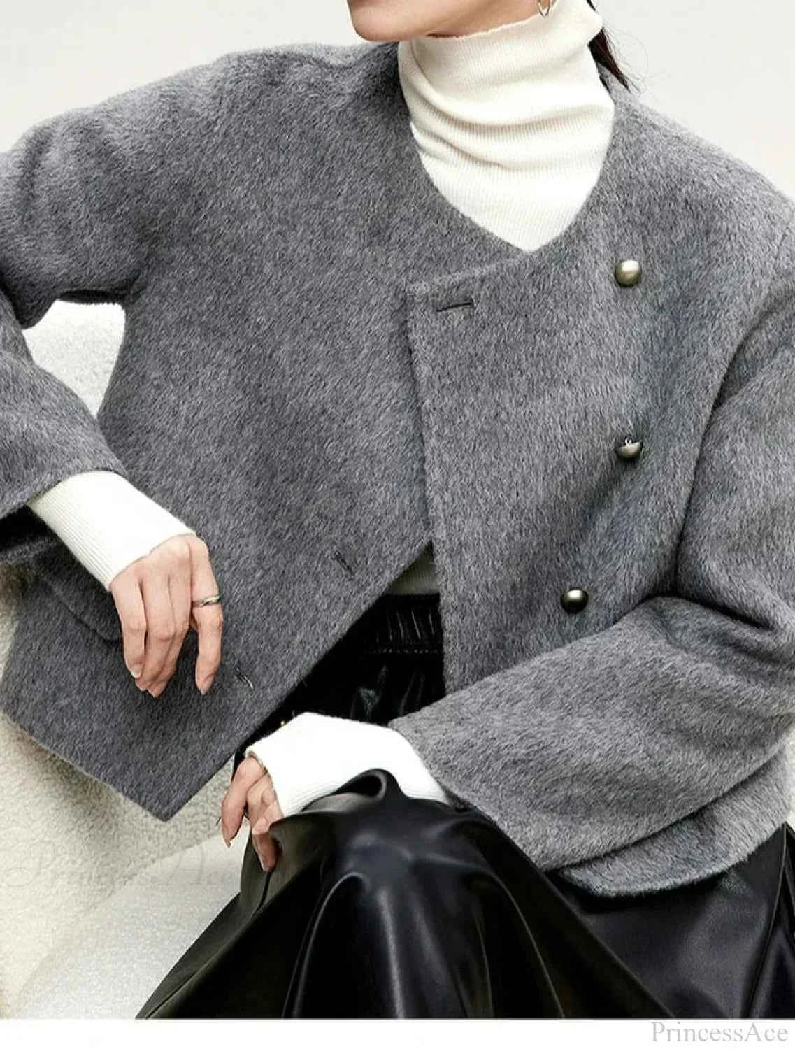 Brushed Short Coat with Round Neck and Button Front