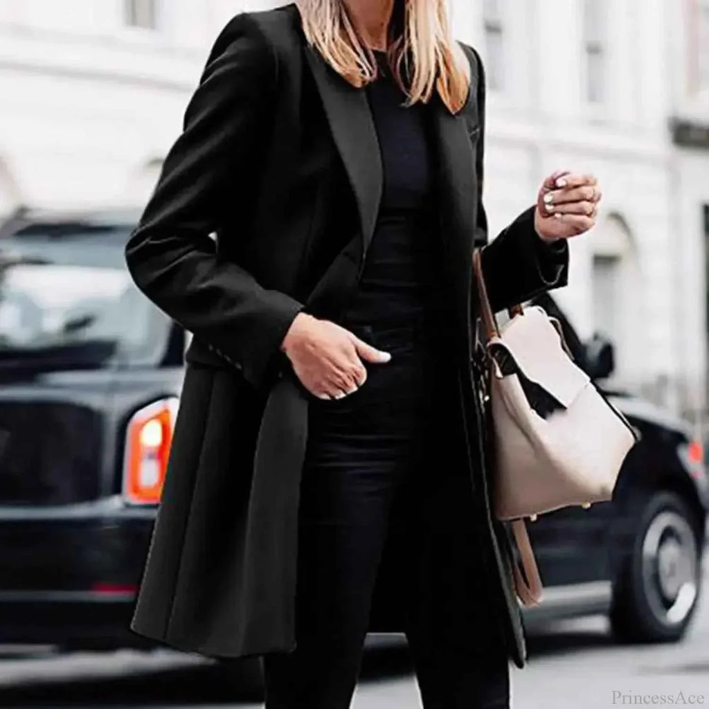 Open Front A-Line Coat with Round Neck and Long Sleeves