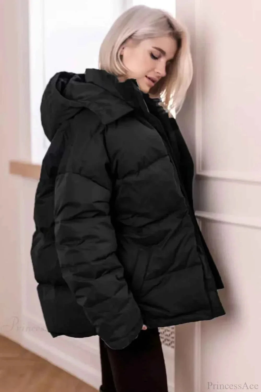 Quilted Hooded Coat with Zip Front and Drawstring Detail