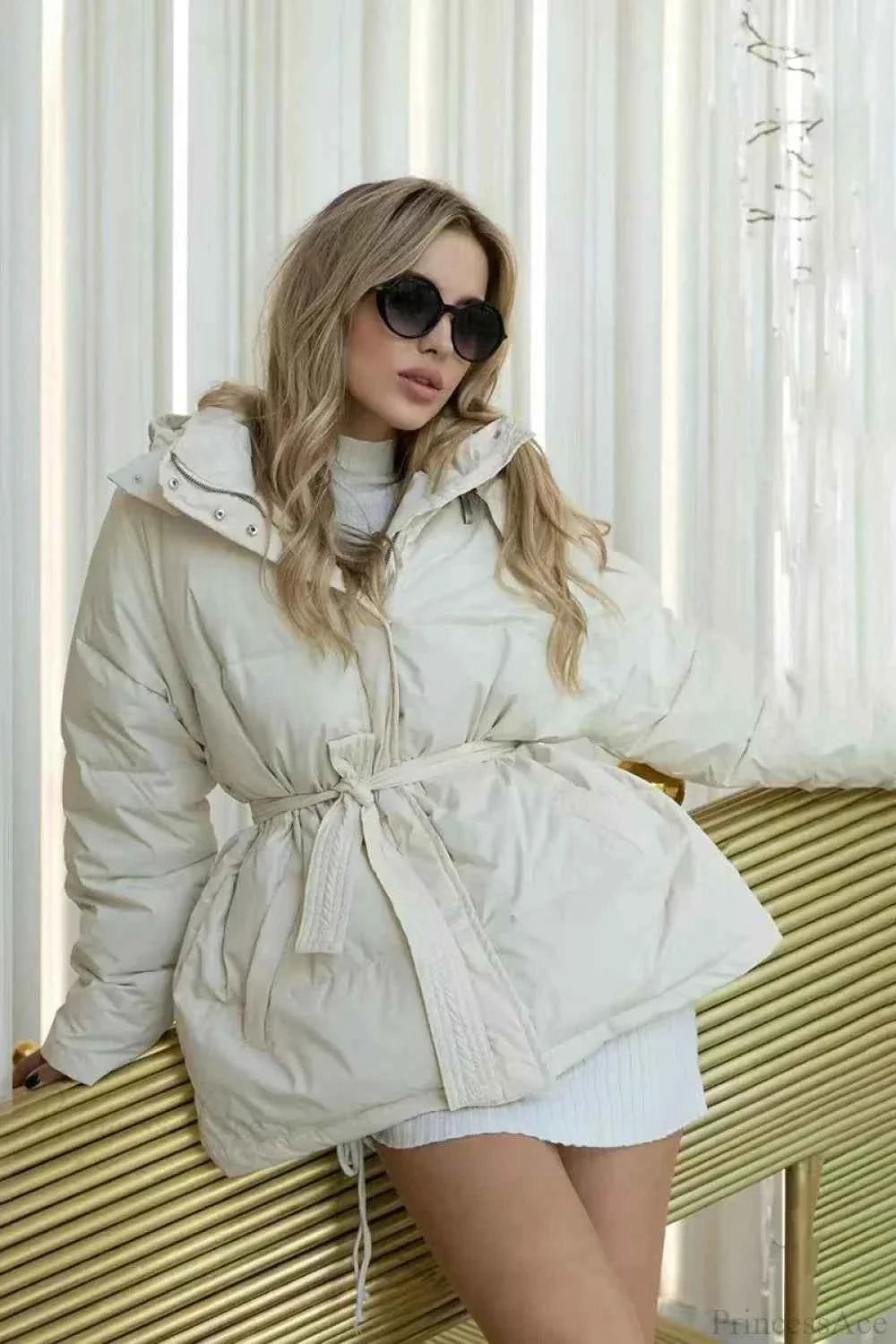 Quilted Hooded Coat with Zip Front and Drawstring Detail