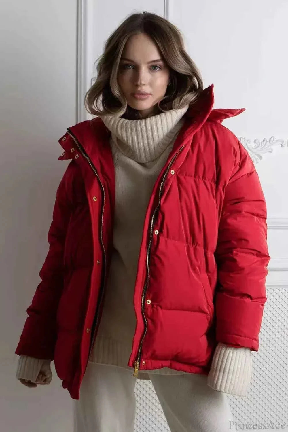 Quilted Hooded Coat with Zip Front and Drawstring Detail