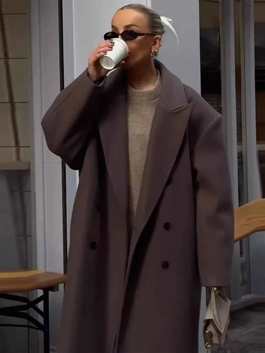 Lightweight Brushed Coat with Single-Breasted Front and Lapels