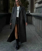 Faux Leather Longline Coat with Lapel Collar and Button Front