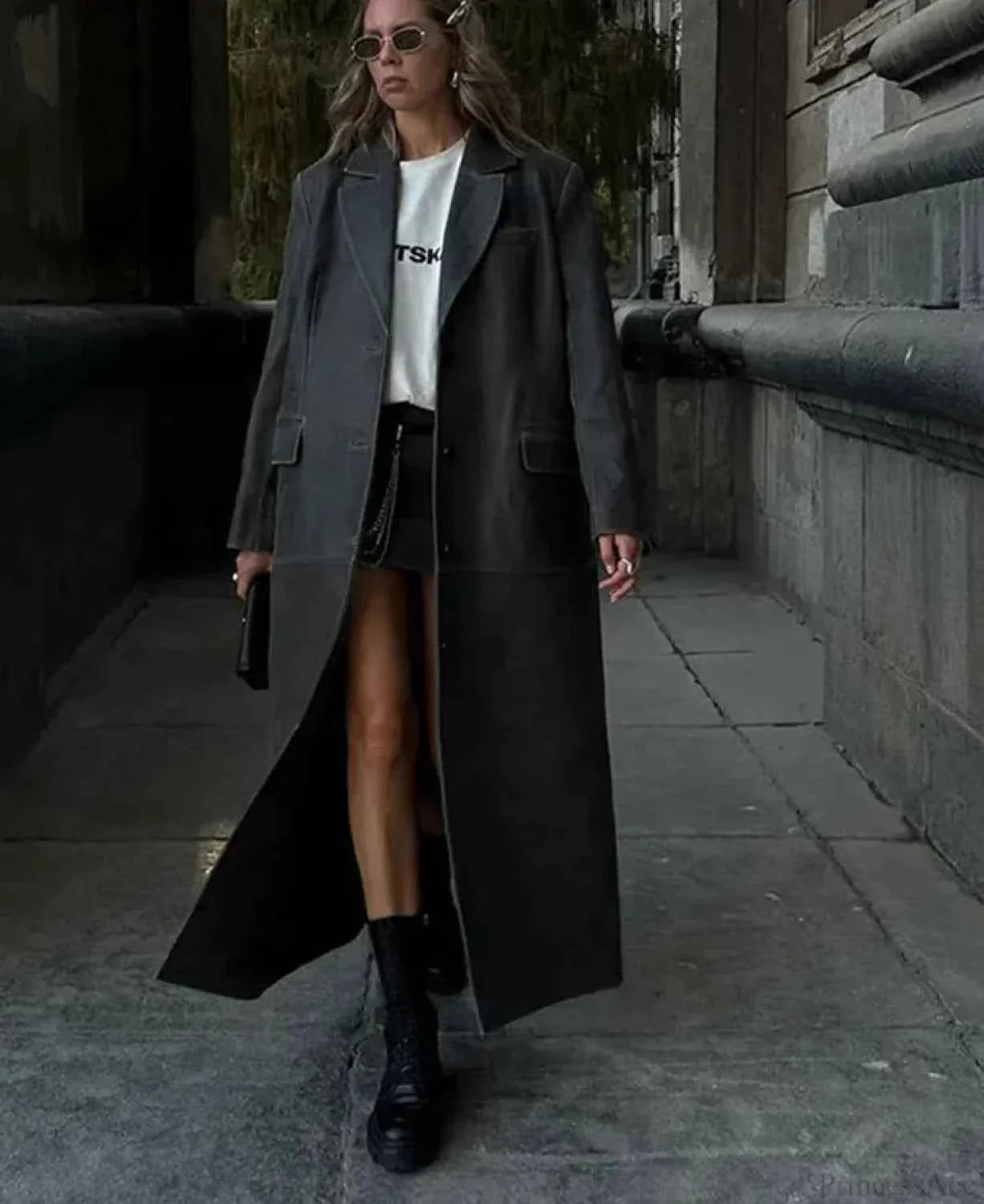 Faux Leather Longline Coat with Lapel Collar and Button Front