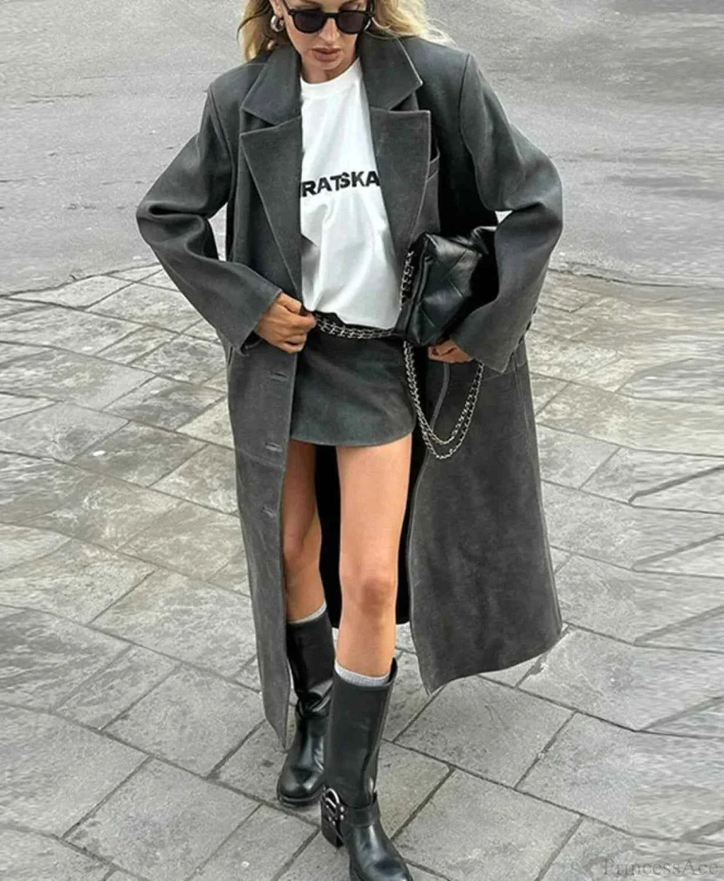Faux Leather Longline Coat with Lapel Collar and Button Front