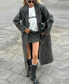 Faux Leather Longline Coat with Lapel Collar and Button Front