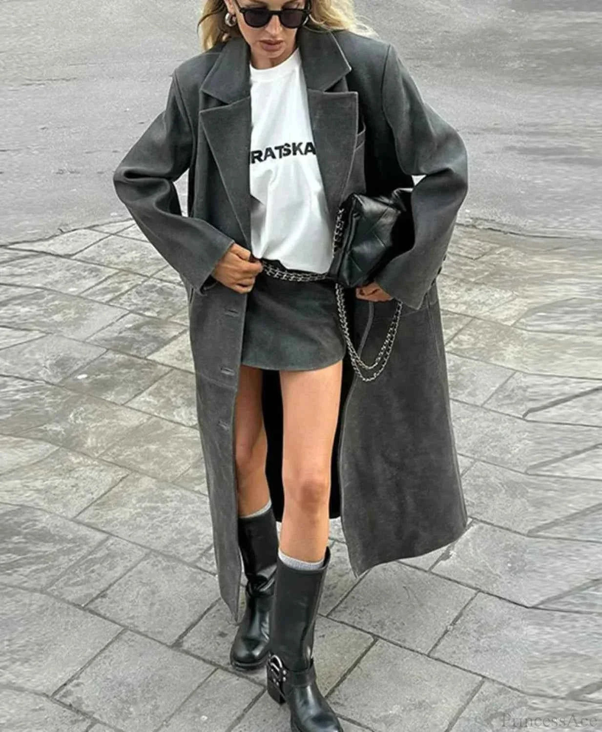Faux Leather Longline Coat with Lapel Collar and Button Front