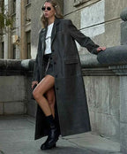 Faux Leather Longline Coat with Lapel Collar and Button Front
