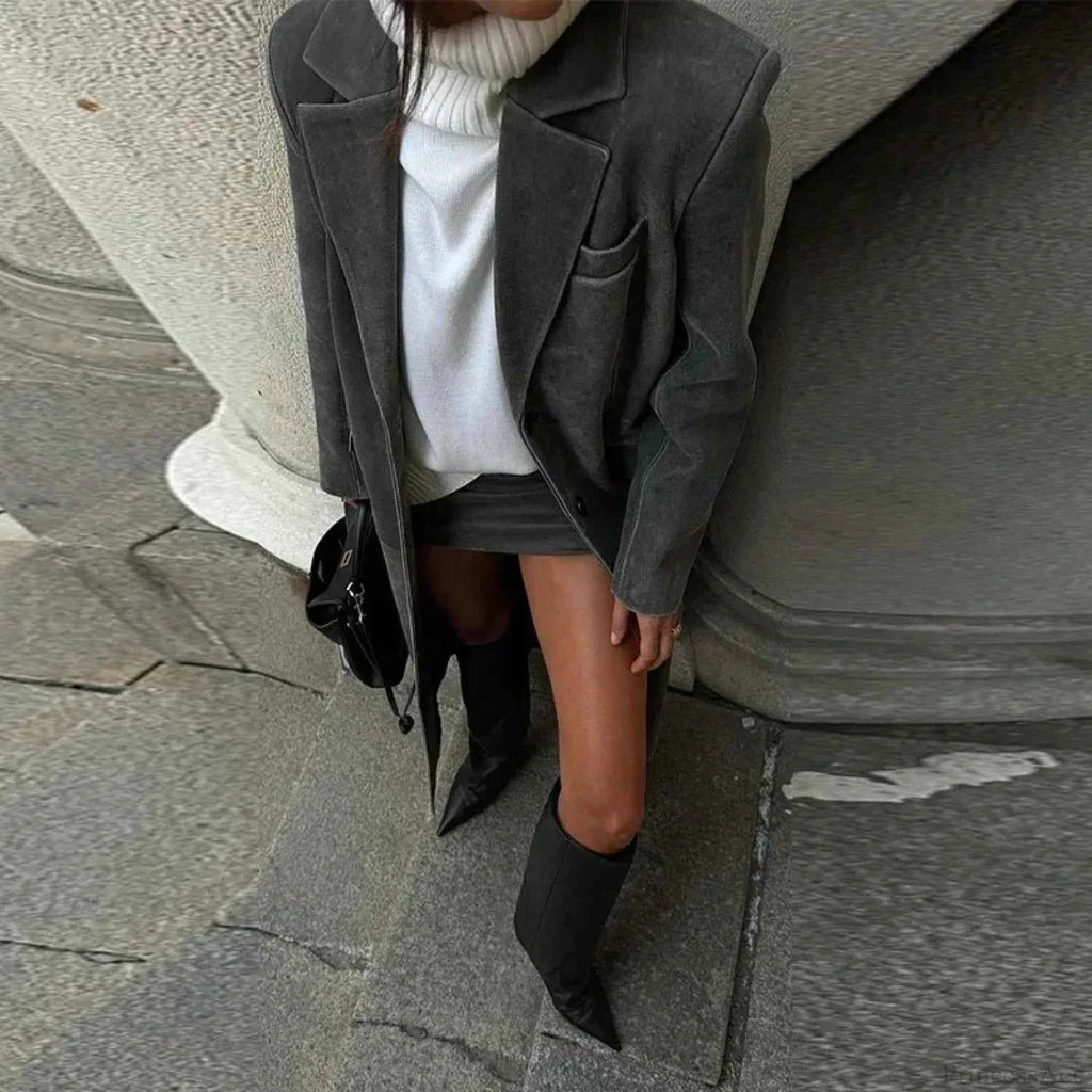 Faux Leather Longline Coat with Lapel Collar and Button Front