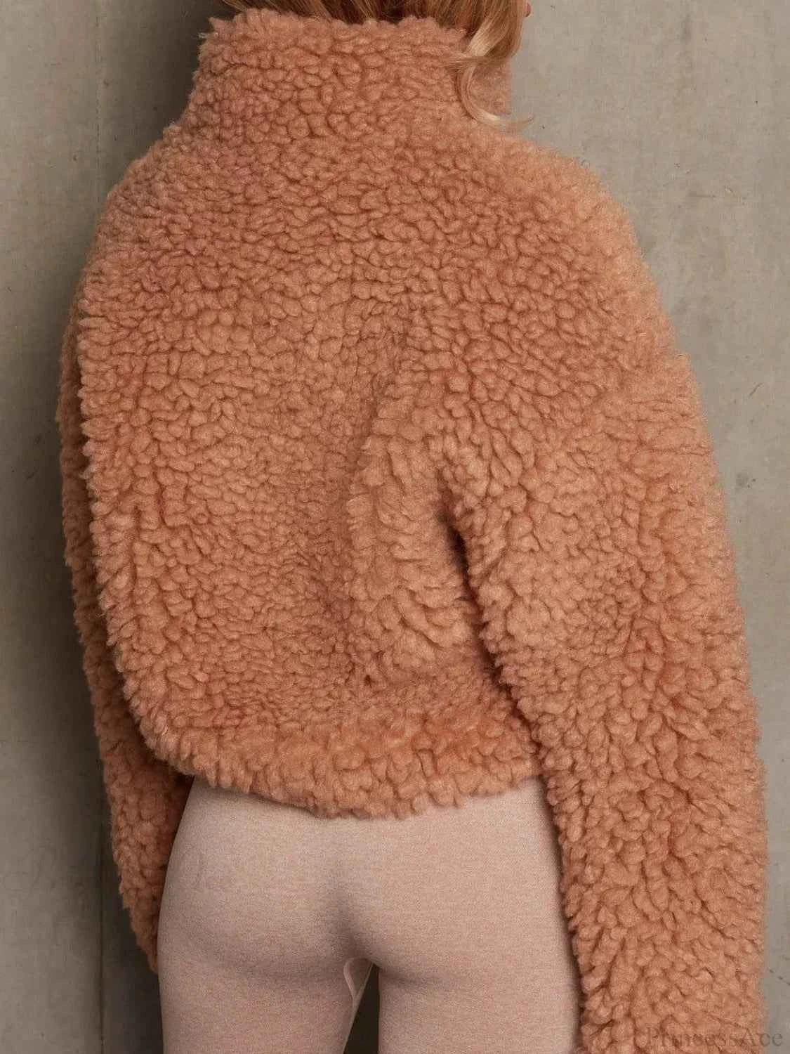 Sherpa Short Coat with Stand Collar and Relaxed Loose Fit