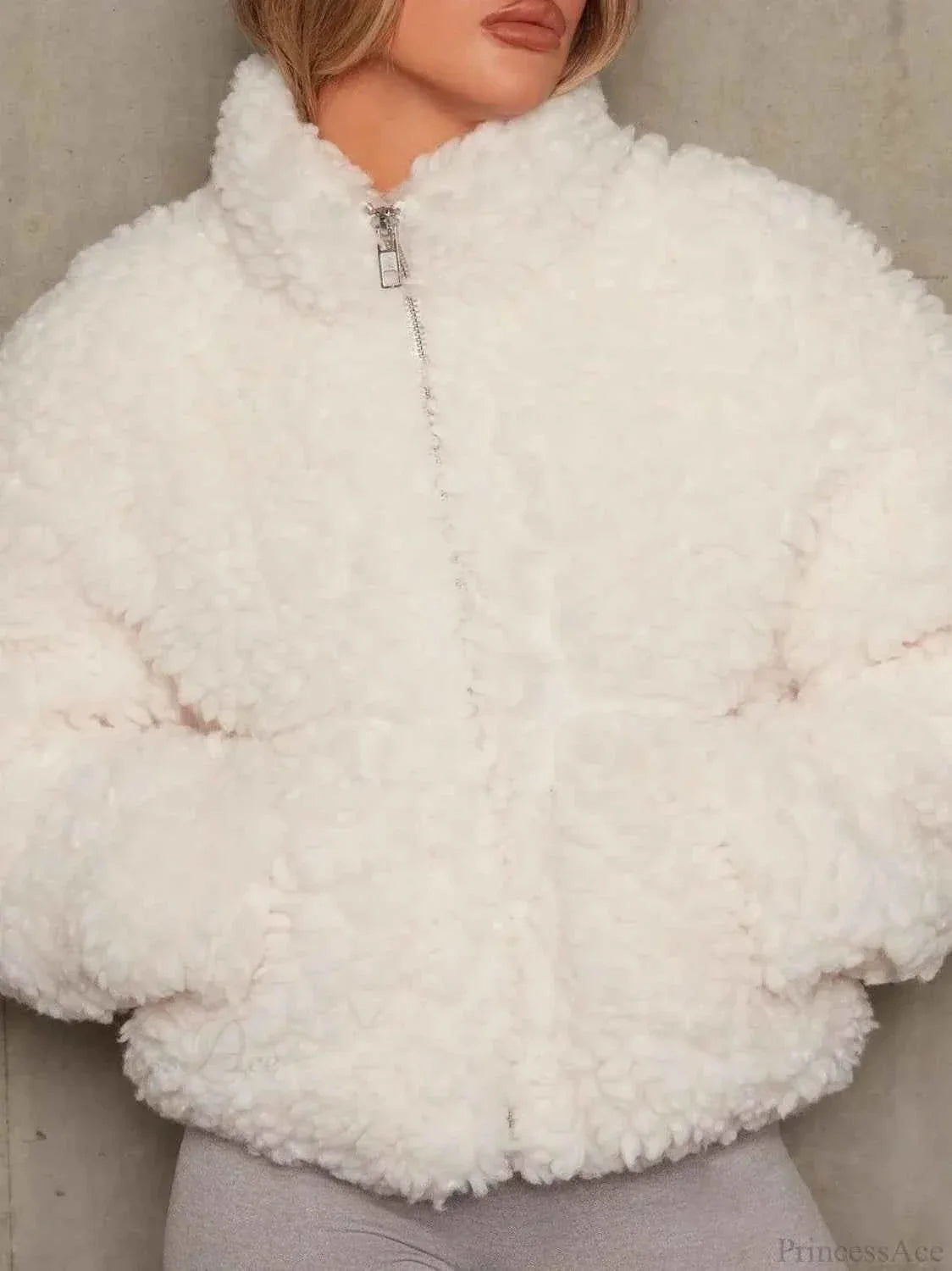 Sherpa Short Coat with Stand Collar and Relaxed Loose Fit