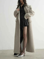 Extra Long Patchwork Coat with Turn Down Collar and Loose Fit