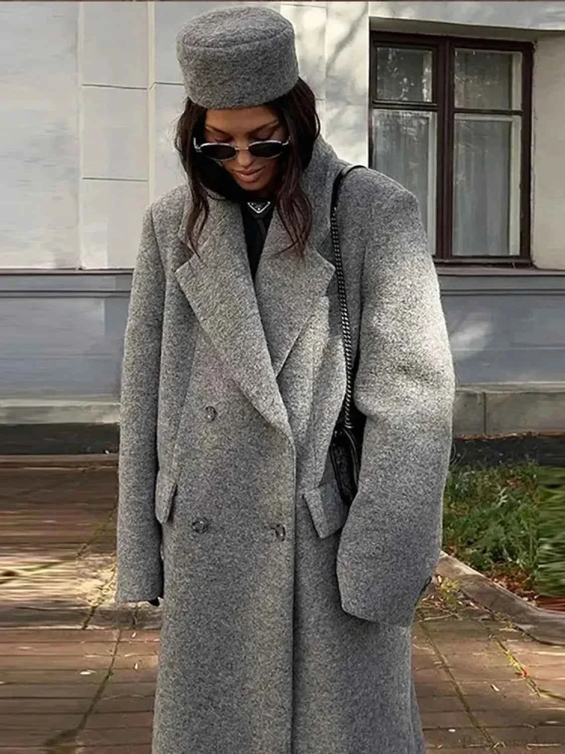 Double-Breasted Brushed Coat with a Deep V-Neck Opening