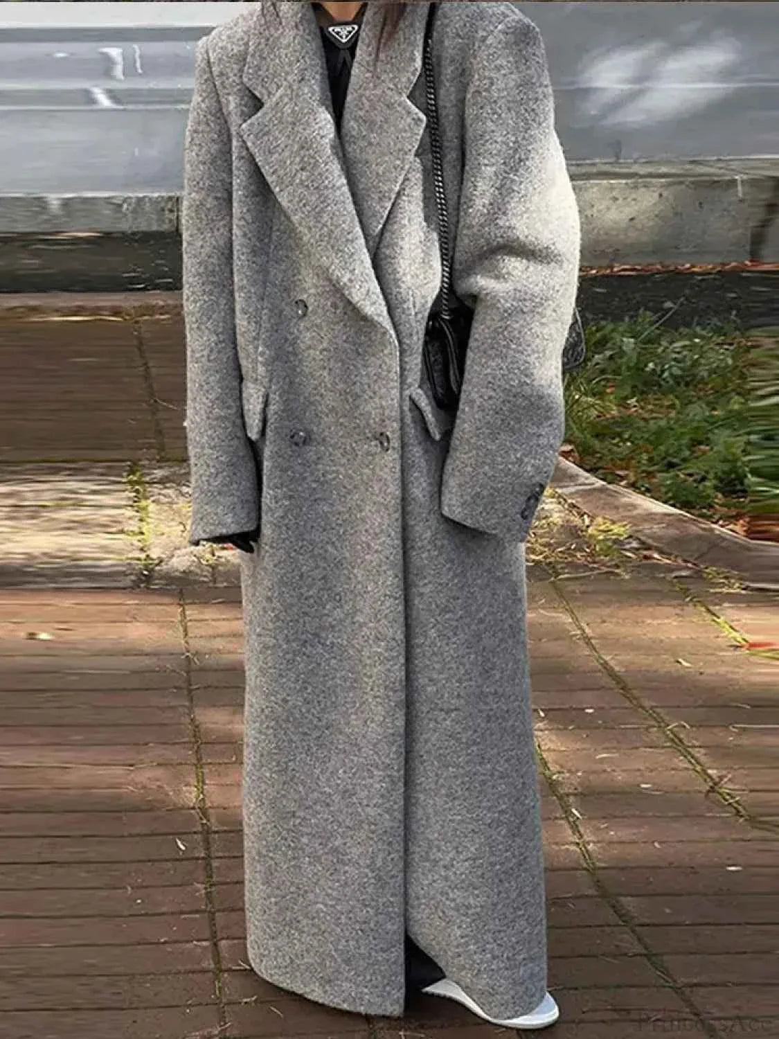 Double-Breasted Brushed Coat with a Deep V-Neck Opening