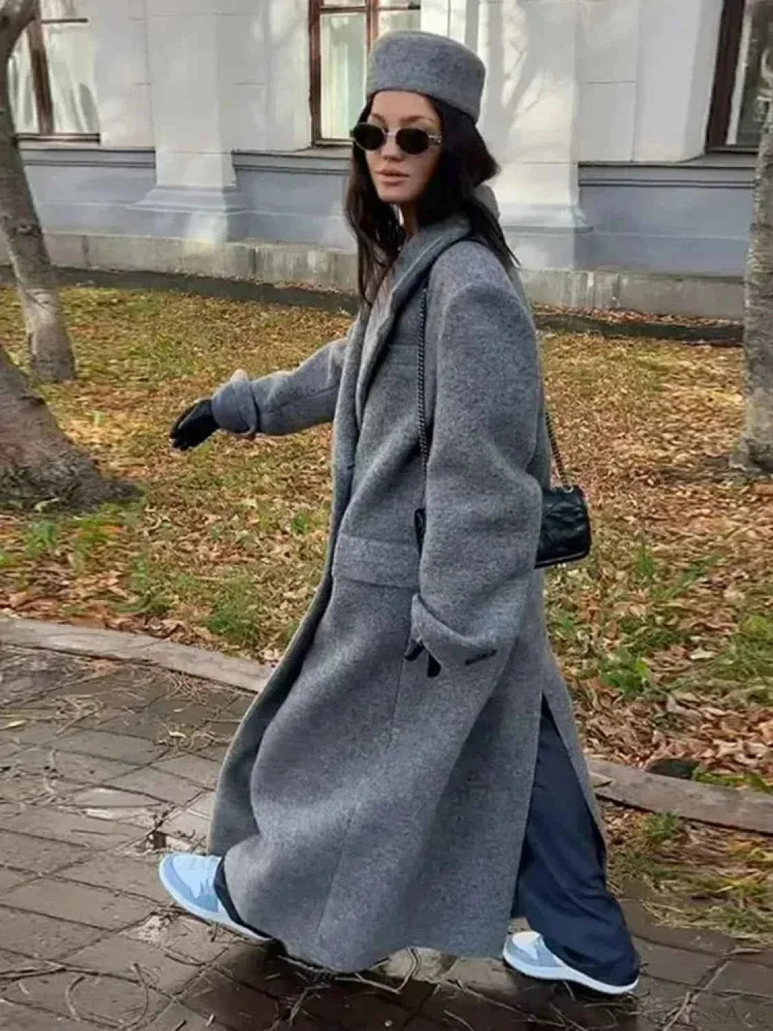 Double-Breasted Brushed Coat with a Deep V-Neck Opening