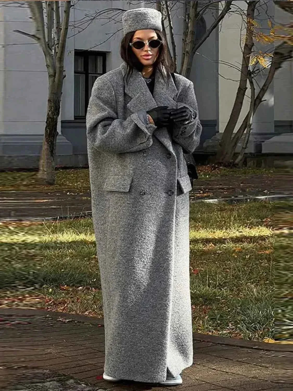 Double-Breasted Brushed Coat with a Deep V-Neck Opening