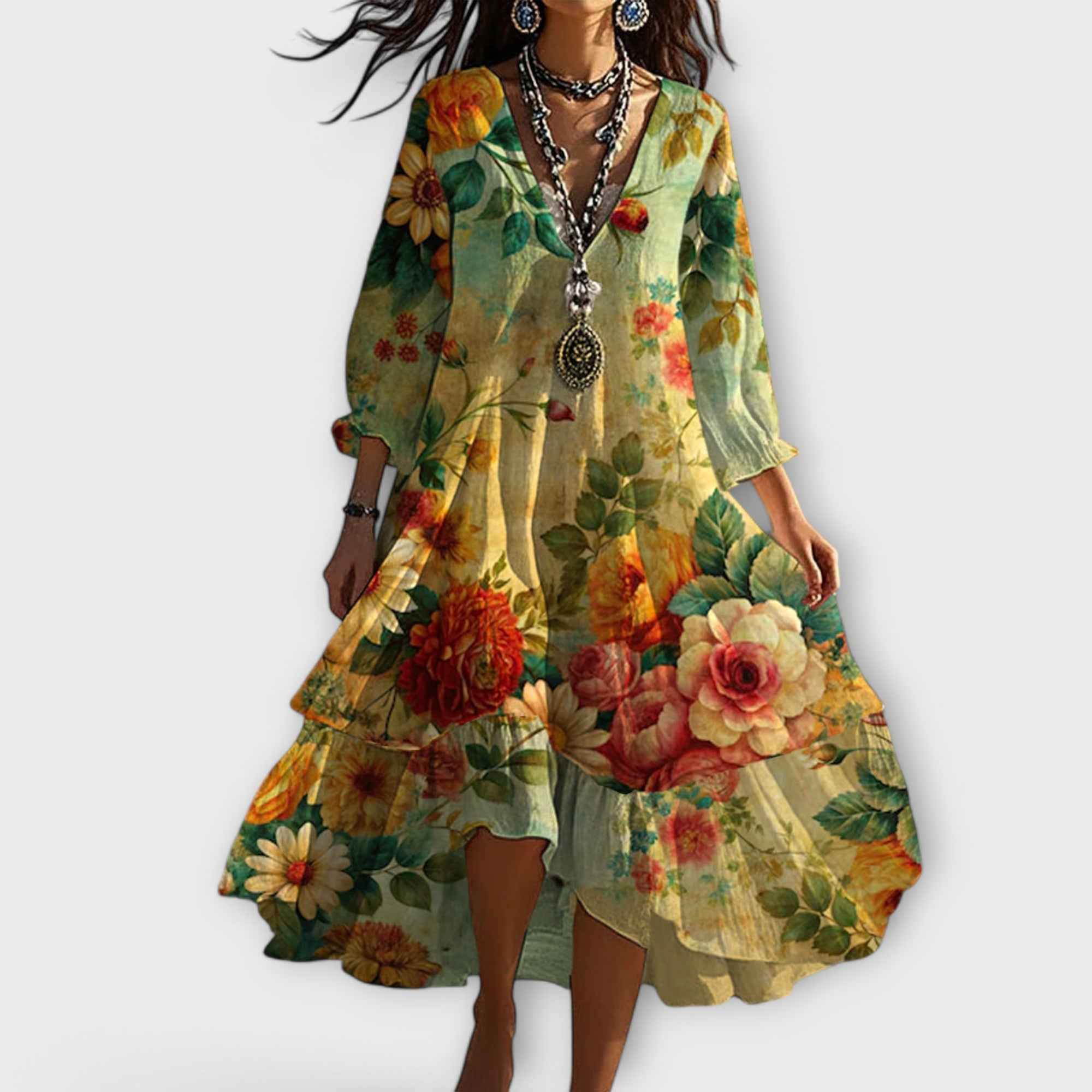Boho zomerjurk met bloemenprint, V-hals en vloeiende snit