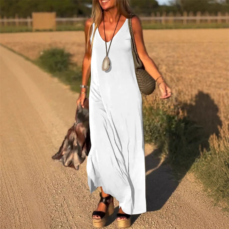 V-Neck Sleeveless Side Slit Flowing Maxi Dress
