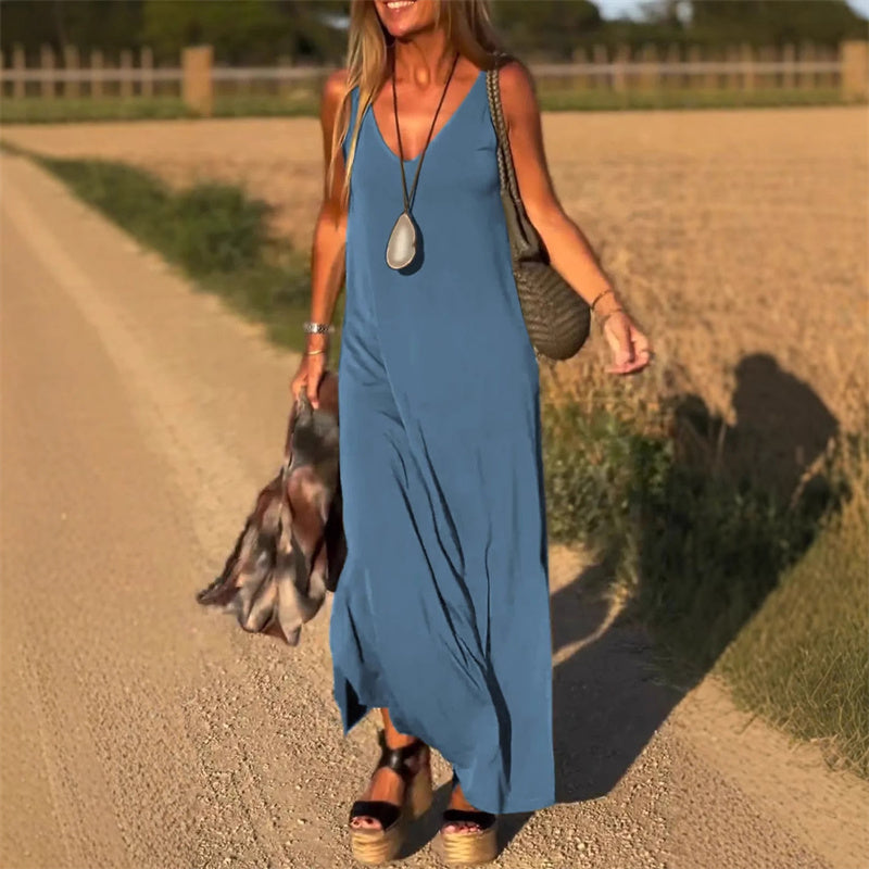 V-Neck Sleeveless Side Slit Flowing Maxi Dress