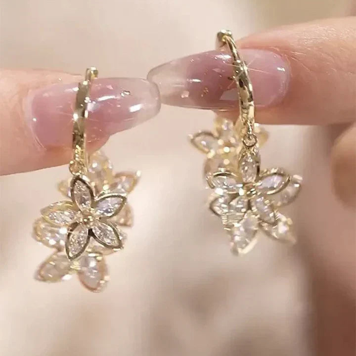 Crystal Flower Drop Earrings in Gold Tone
