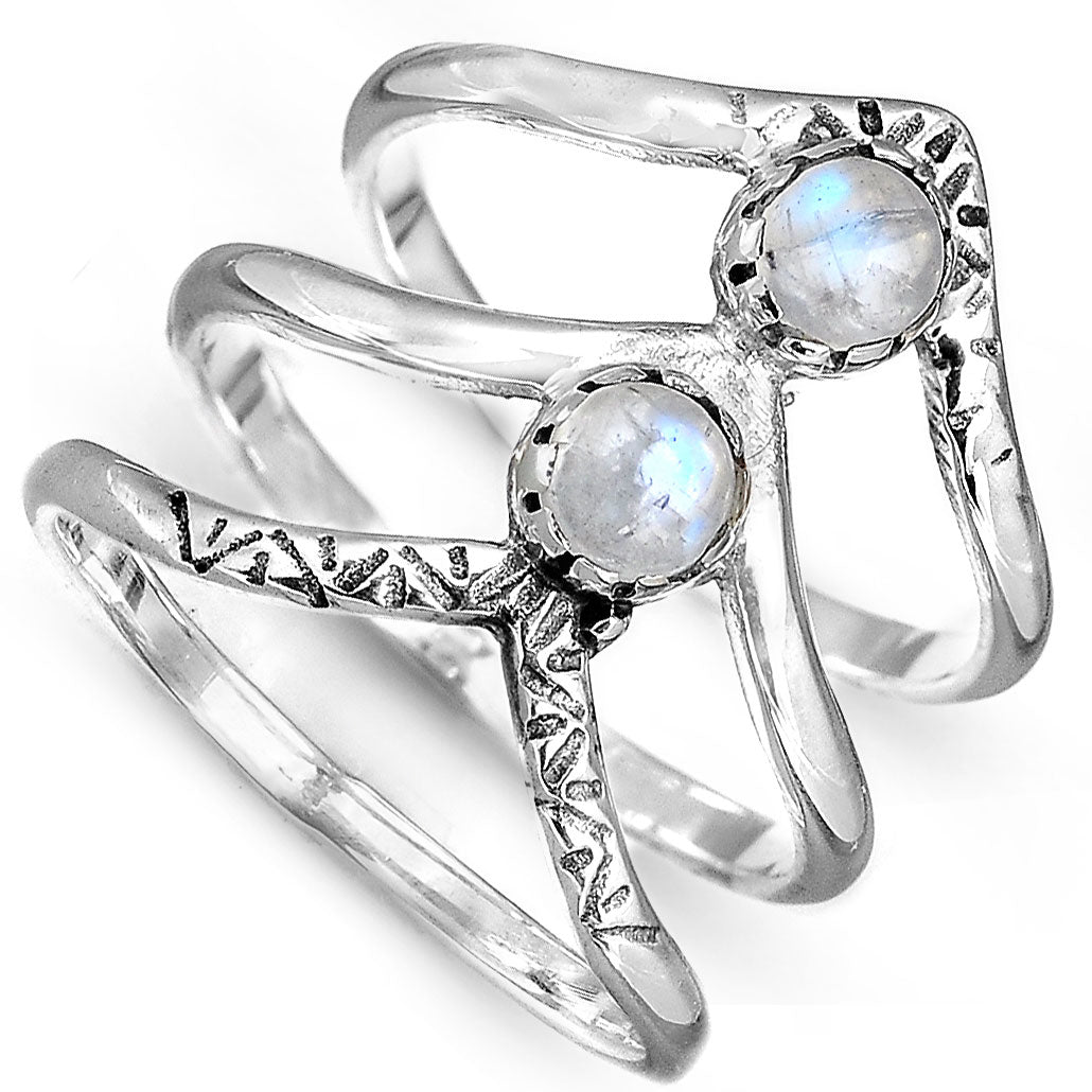 Bohemian Triple Chevron Rainbow Moonstone Silver-Tone Ring