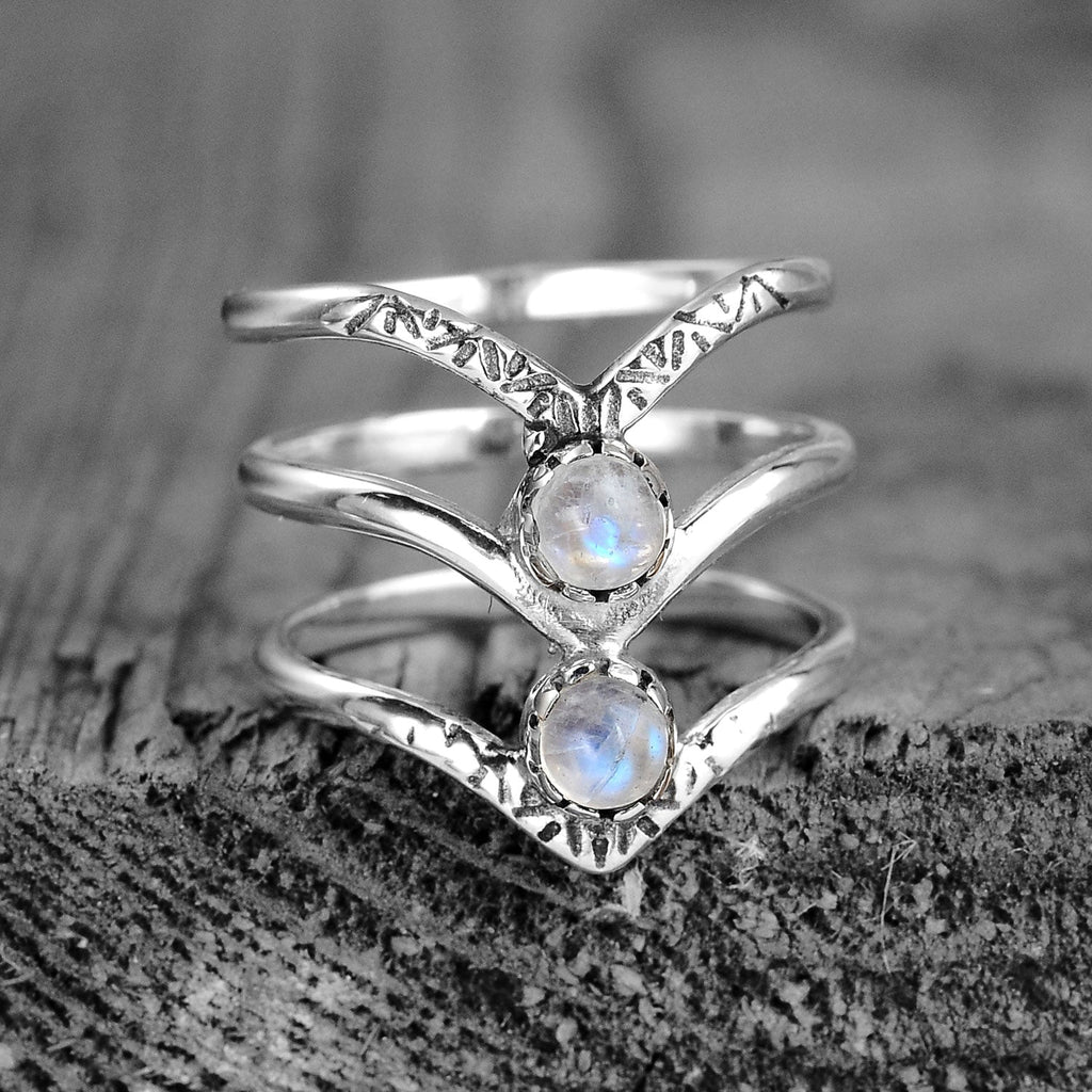 Bohemian Triple Chevron Rainbow Moonstone Silver-Tone Ring