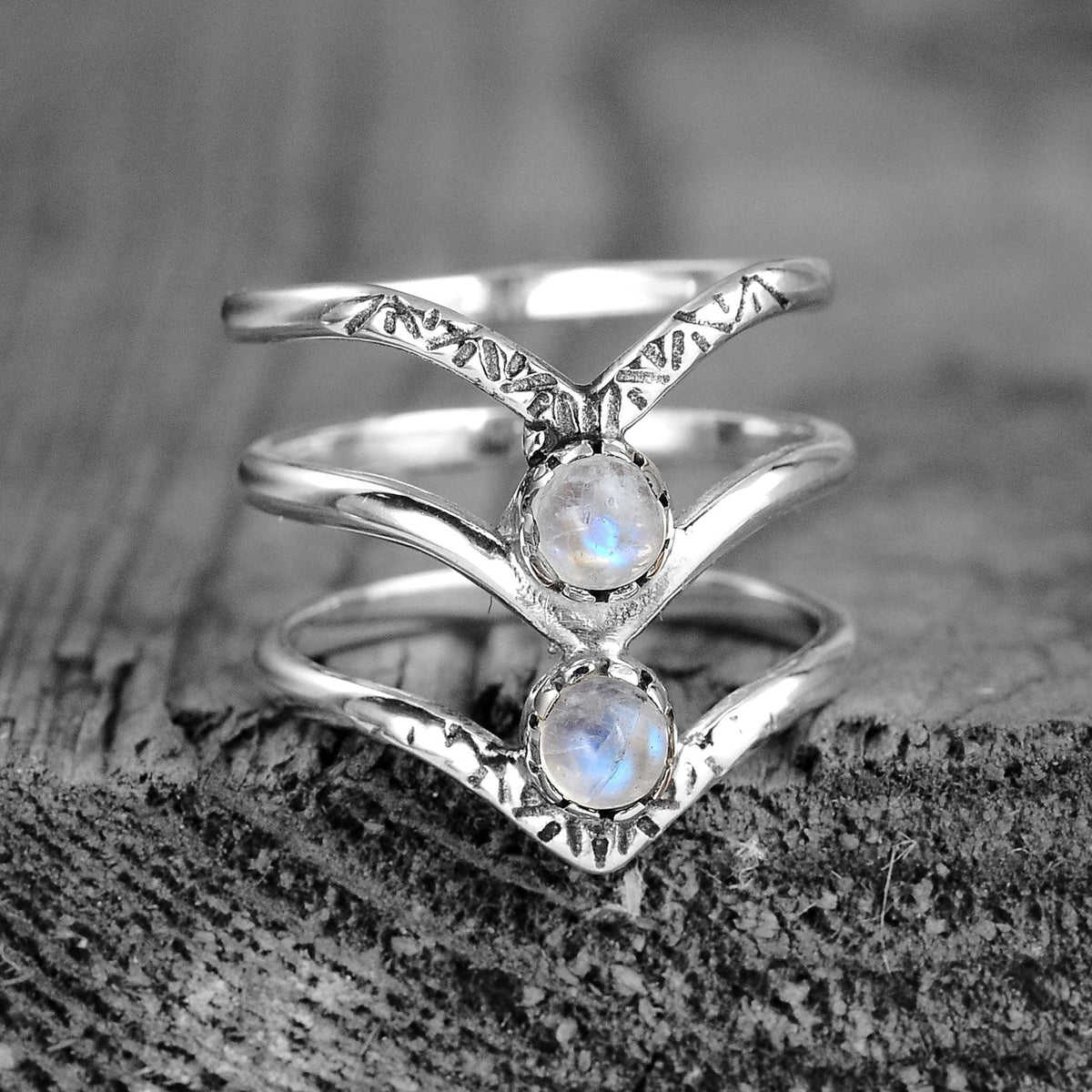 Bohemian Triple Chevron Rainbow Moonstone Silver-Tone Ring