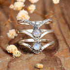 Bohemian Triple Chevron Rainbow Moonstone Silver-Tone Ring