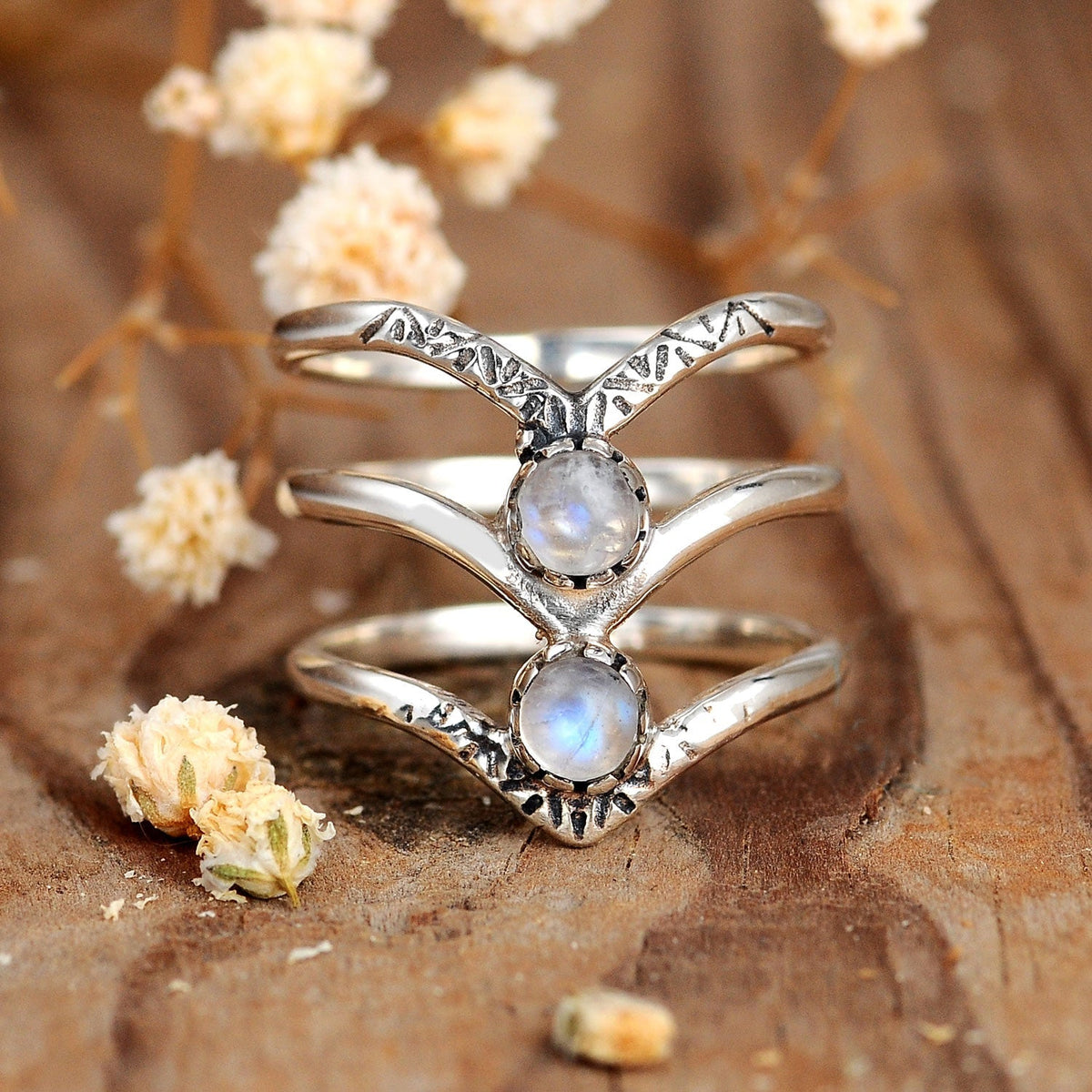 Bohemian Triple Chevron Rainbow Moonstone Silver-Tone Ring