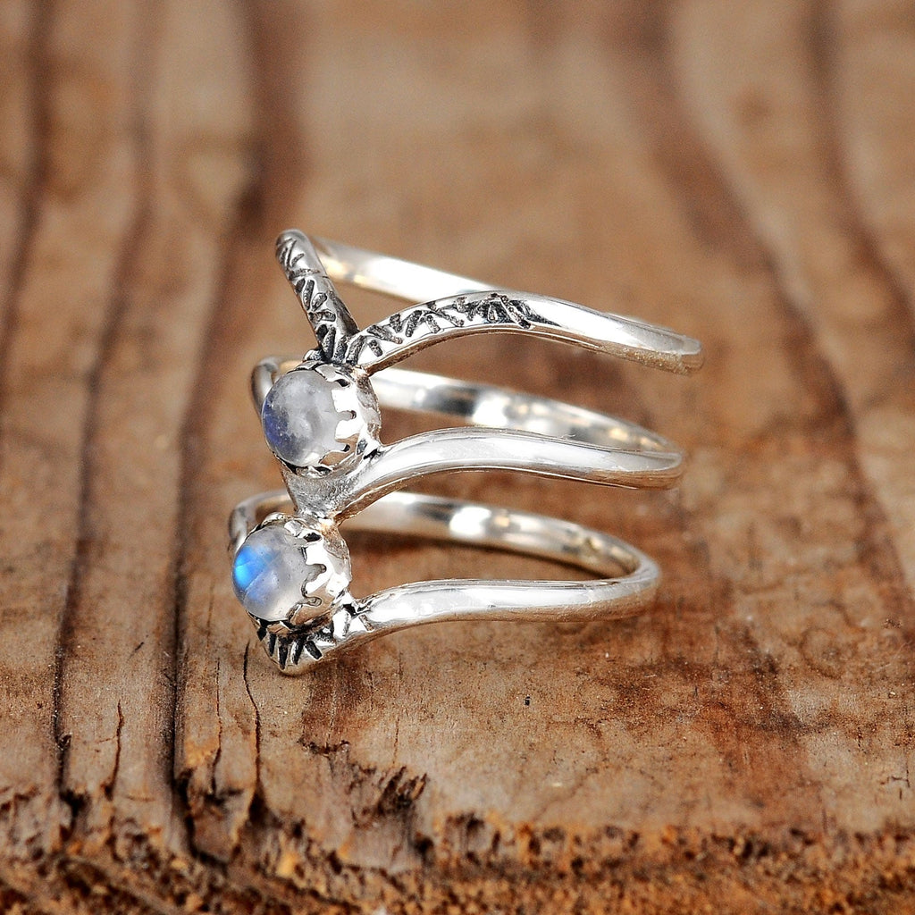 Bohemian Triple Chevron Rainbow Moonstone Silver-Tone Ring