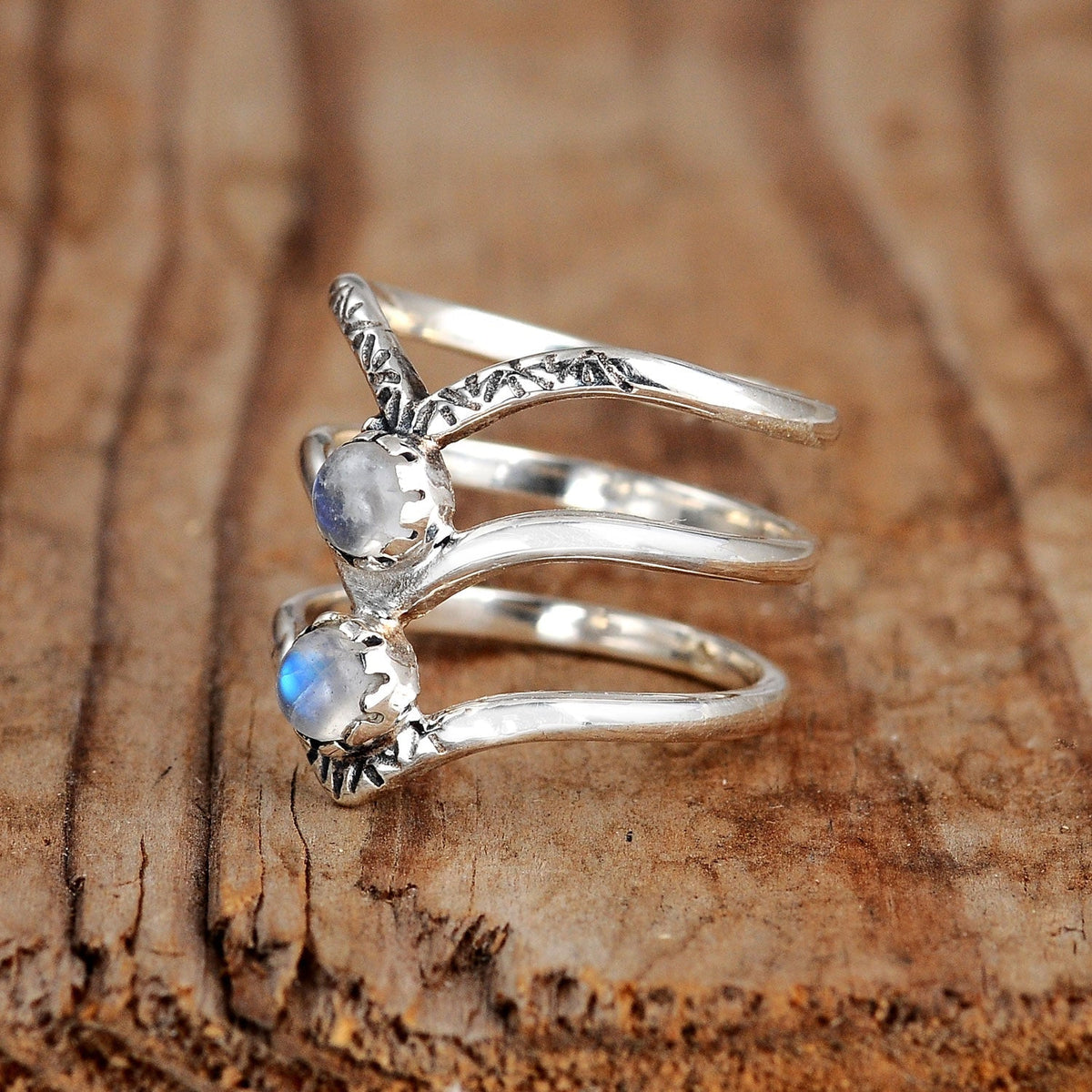 Bohemian Triple Chevron Rainbow Moonstone Silver-Tone Ring