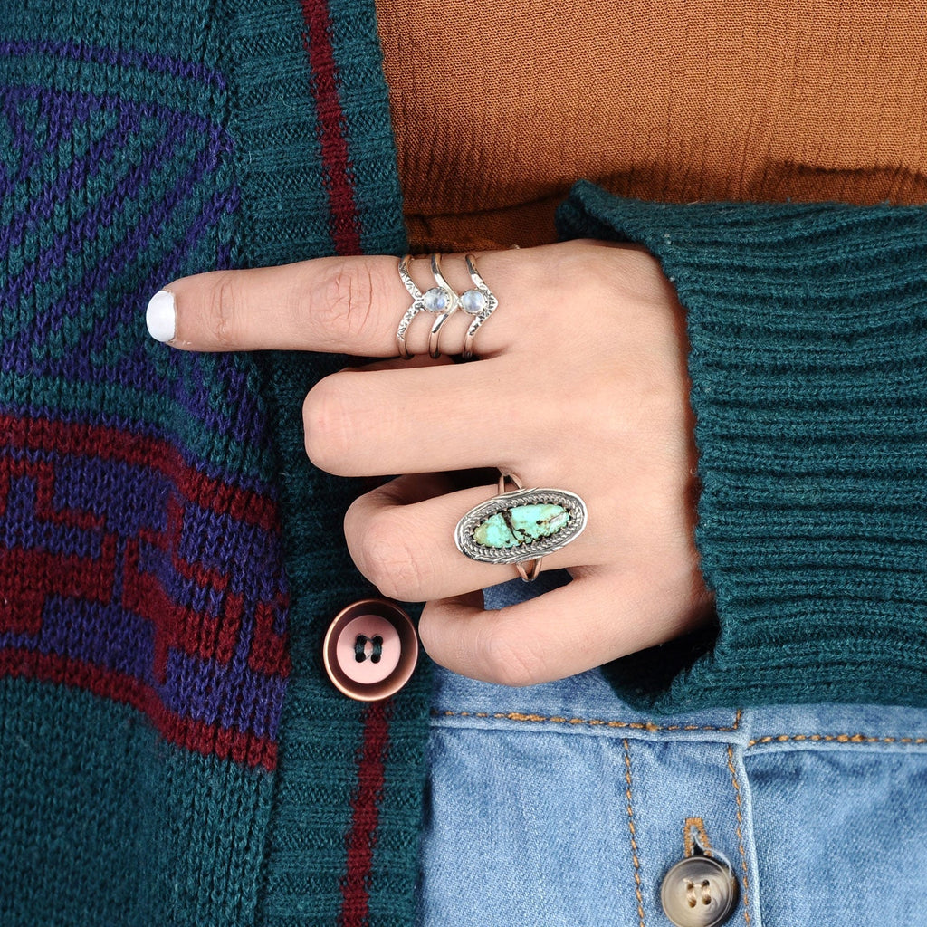 Bohemian Triple Chevron Rainbow Moonstone Silver-Tone Ring