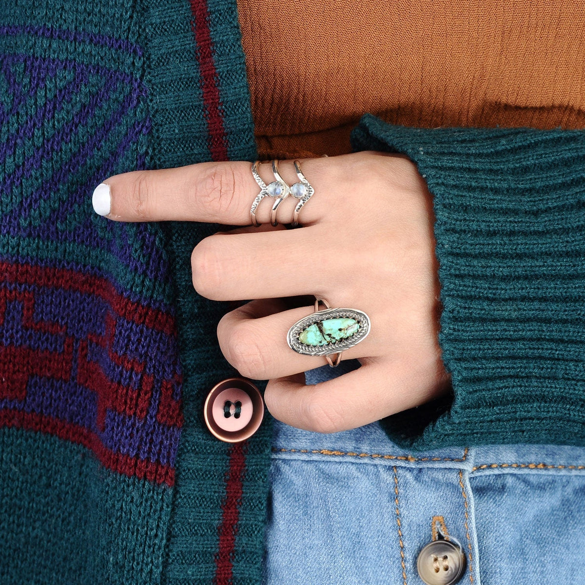 Bohemian Triple Chevron Rainbow Moonstone Silver-Tone Ring