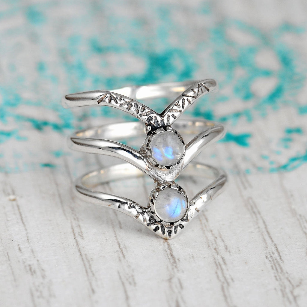 Bohemian Triple Chevron Rainbow Moonstone Silver-Tone Ring