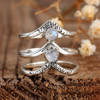 Bohemian Triple Chevron Rainbow Moonstone Silver-Tone Ring