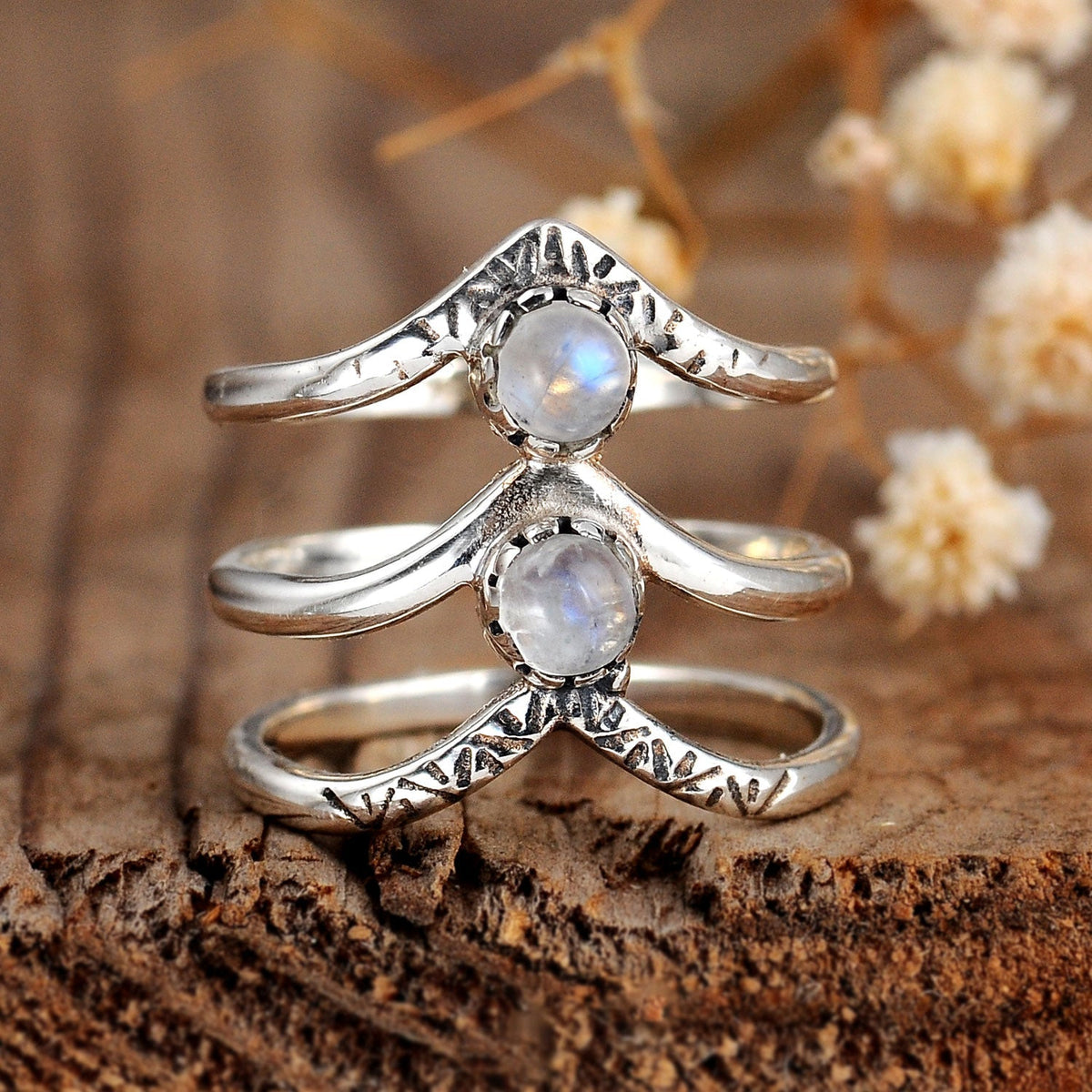 Bohemian Triple Chevron Rainbow Moonstone Silver-Tone Ring