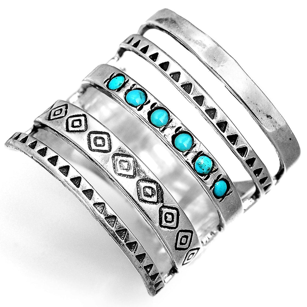 Bohemian Aztec Turquoise Wide Band Silver-Tone Ring