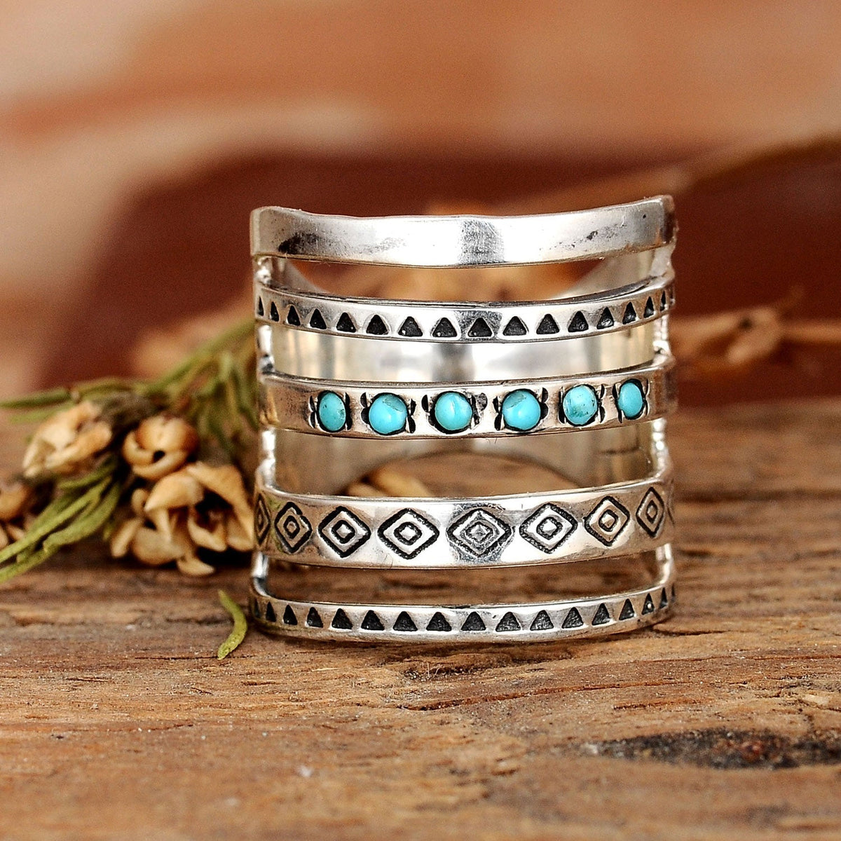 Bohemian Aztec Turquoise Wide Band Silver-Tone Ring