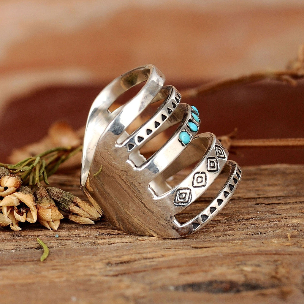 Bohemian Aztec Turquoise Wide Band Silver-Tone Ring