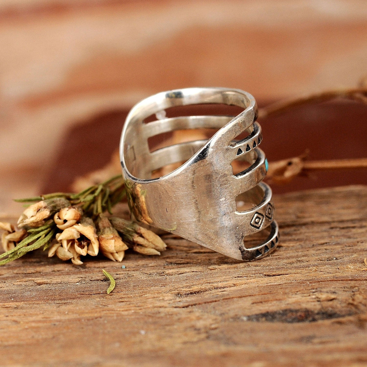 Bohemian Aztec Turquoise Wide Band Silver-Tone Ring