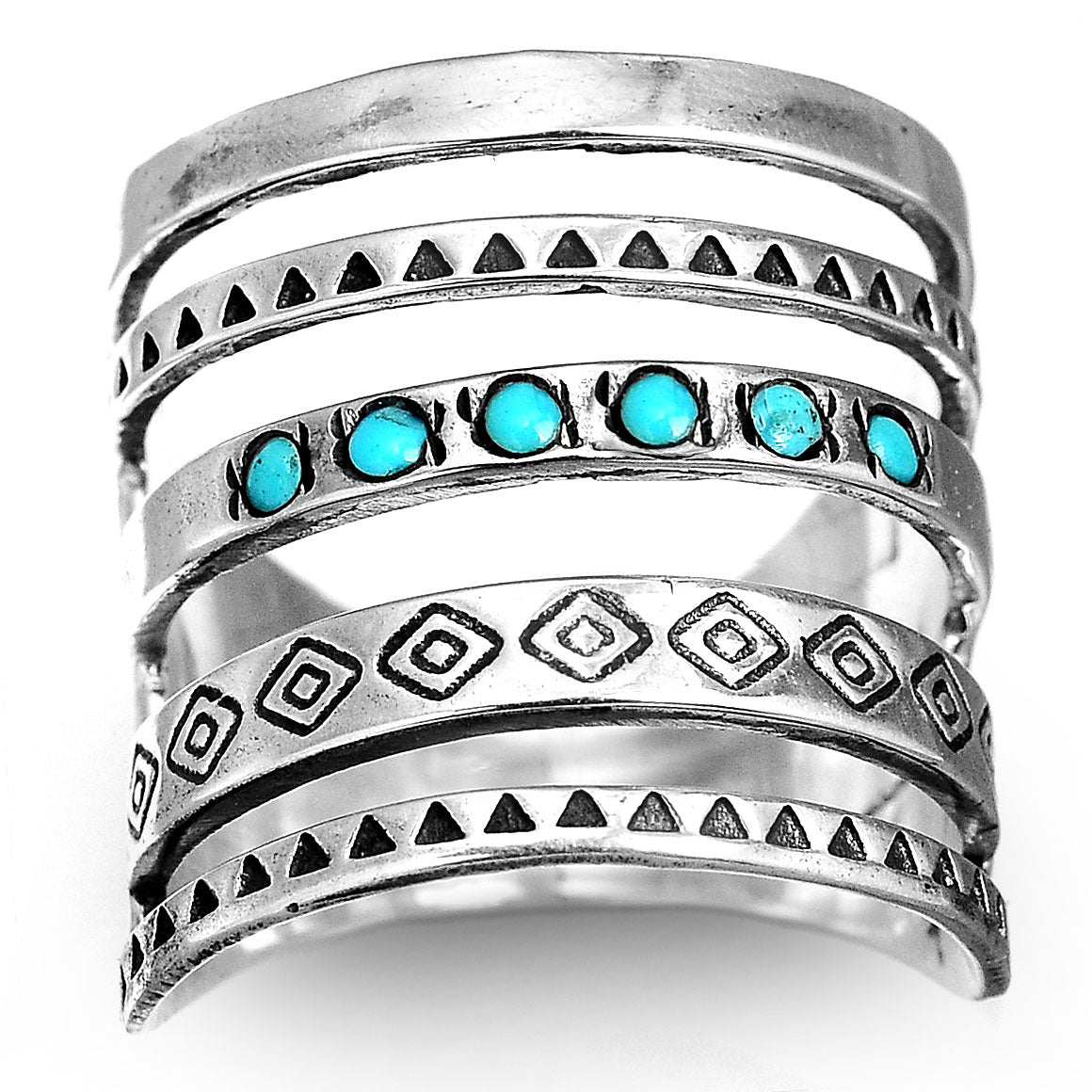 Bohemian Aztec Turquoise Wide Band Silver-Tone Ring