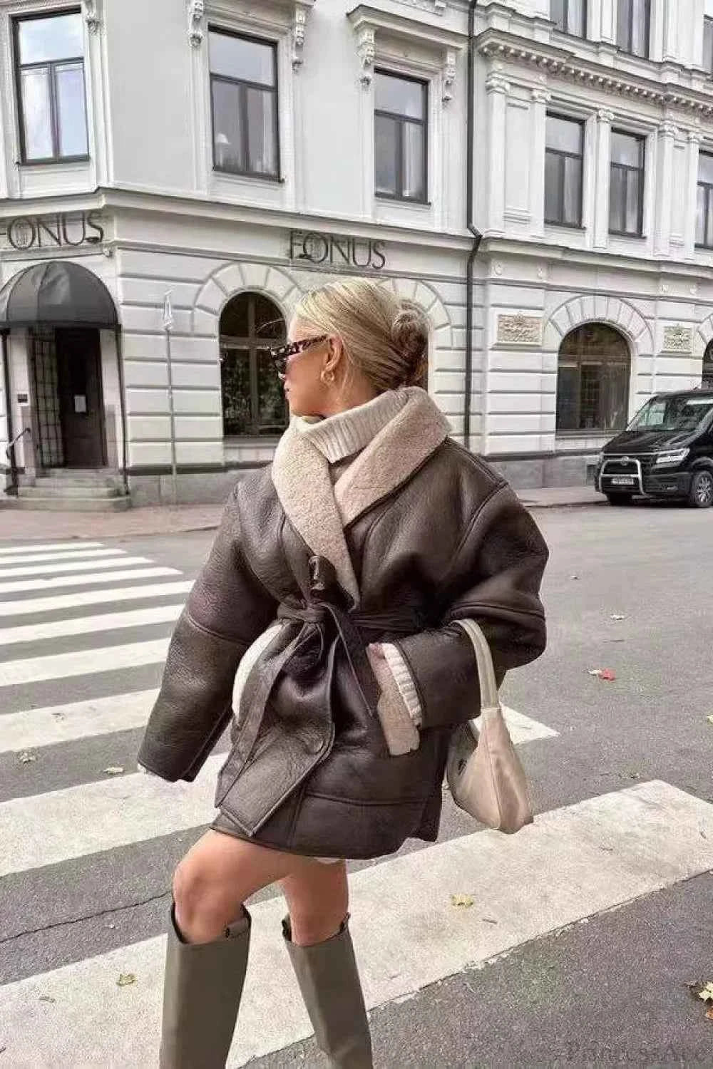 Faux Leather Jacket with Belted Waist and Loose Body