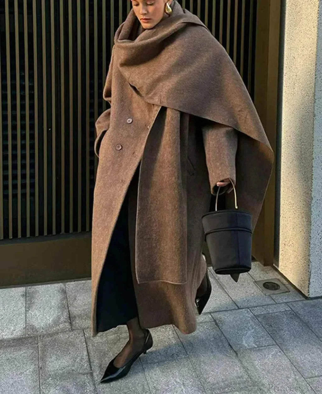 Double-Breasted Brushed Coat with Turn-Down Collar