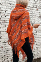 Striped Knit Hooded Cape with Fringing and Batwing Sleeves
