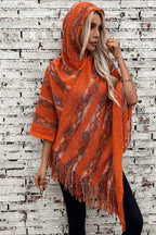Striped Knit Hooded Cape with Fringing and Batwing Sleeves