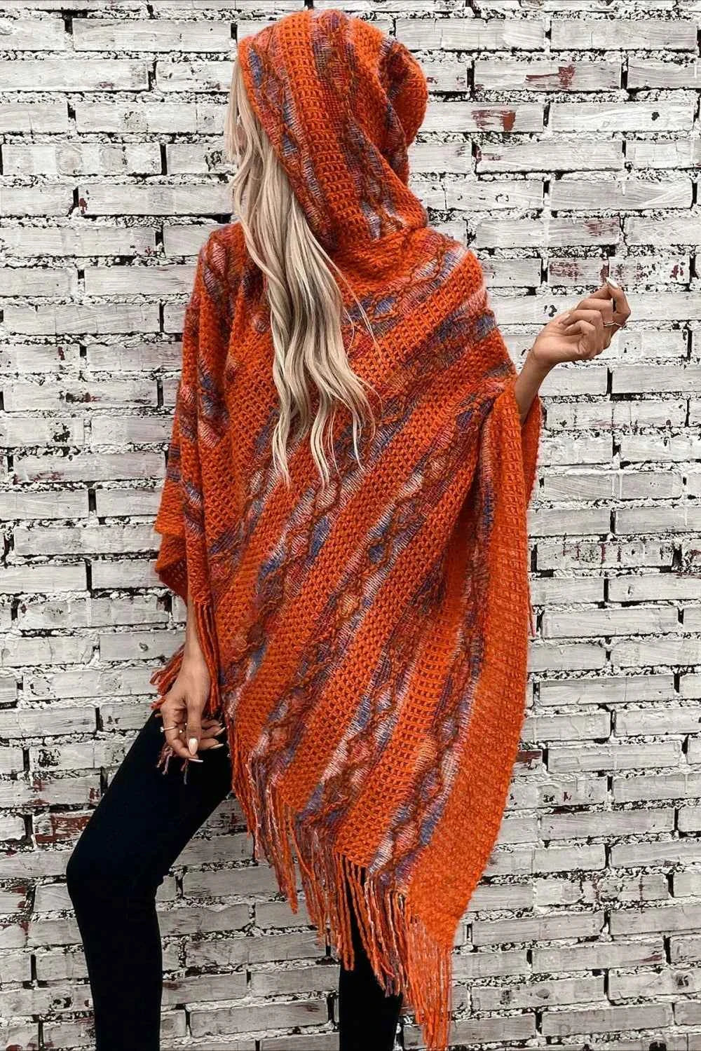 Striped Knit Hooded Cape with Fringing and Batwing Sleeves