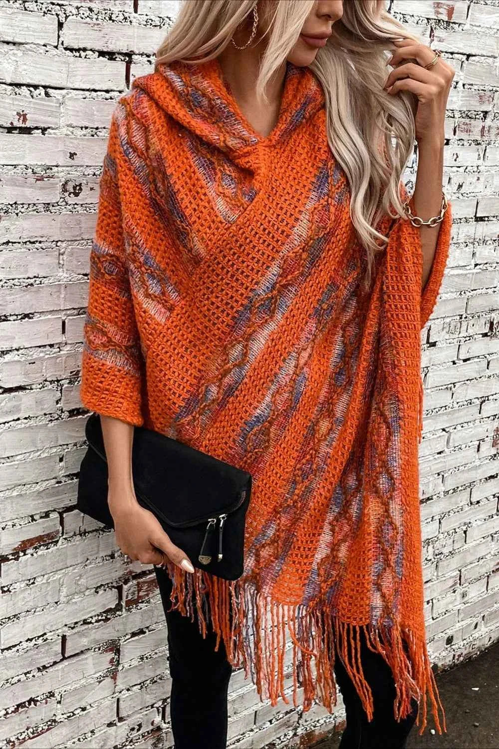 Striped Knit Hooded Cape with Fringing and Batwing Sleeves